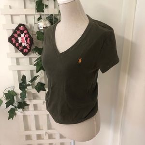 Vintage Ralph Lauren Sport V Neck Shirt Forest Green Cotton Sz L